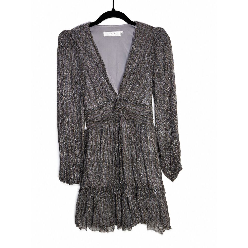 ASTR The Label Metallic Stripe Long Sleeve V Neck Ruffle Mini Dress XS